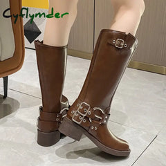 Cyflymder Metal Buckle Square Toe Knee High Boots Women Black PU Leather Punk Long Boots Woman Autumn Chunky Heels