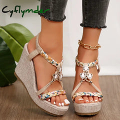 Cyflymder Metal Decor Wedge Sandals for Women Summer Braided Band Platform Gladiator Sandals Woman Thick Bottom Beach