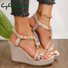 Cyflymder Metal Decor Wedge Sandals for Women Summer Braided Band Platform Gladiator Sandals Woman Thick Bottom Beach
