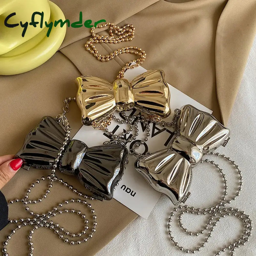 Cyflymder Metal Mini Bow Crossbody Bags For Women Fashion Silver Gold Shoulder Bag Women Bags Clutch Bag Lipstick