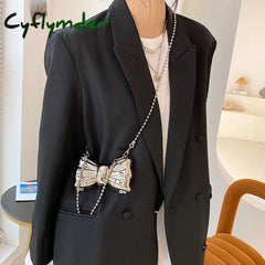 Cyflymder Metal Mini Bow Crossbody Bags For Women Fashion Silver Gold Shoulder Bag Women Bags Clutch Bag Lipstick