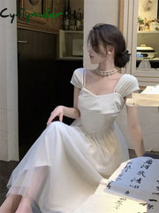 Cyflymder Midi Dress Women Pure Princess Summer Aesthetic Defined Elegant Ladies Gentle Spliced