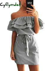 Cyflymder Mini Party Dresses Off Shoulder Sundress Women Summer Beach Casual Shirt Short Drawstring