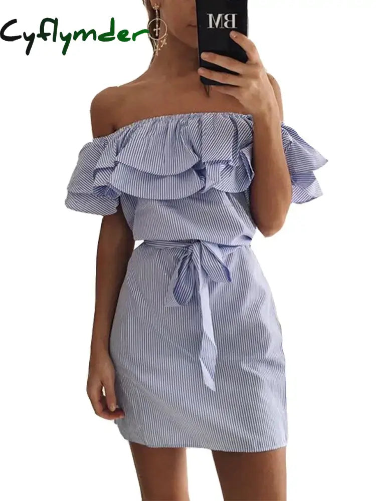 Cyflymder Mini Party Dresses Off Shoulder Sundress Women Summer Beach Casual Shirt Short Drawstring