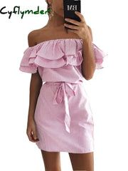 Cyflymder Mini Party Dresses Off Shoulder Sundress Women Summer Beach Casual Shirt Short Drawstring