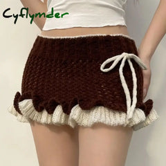 Cyflymder Mini Skirt Knit Ruffles Lace-Up Vintage Y2k Low Rise Contrast Patchwork Pencil Mini Skirts Harajuku