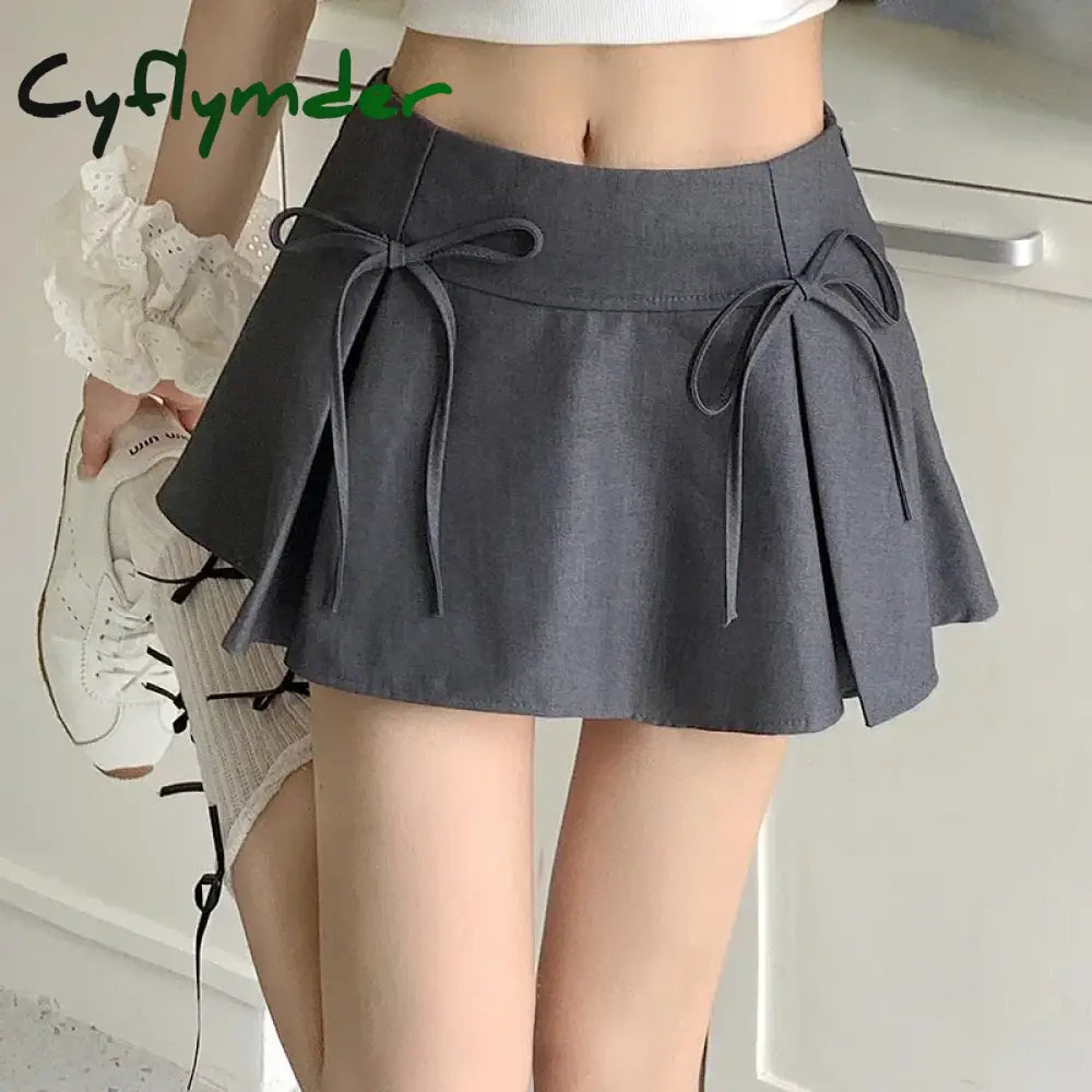 Cyflymder Mini Skirt with Bow Low Rise Boxy Pleated Short Skirt Miniskirt Summer Y2K 90s Cute Outfit GRAY / S