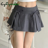 Cyflymder Mini Skirt with Bow Low Rise Boxy Pleated Short Skirt Miniskirt Summer Y2K 90s Cute Outfit GRAY / S