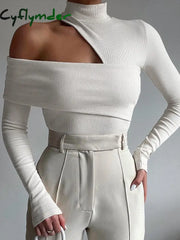 Cyflymder - Mockneck Oblique Cutout Rib Long Sleeve Knit Top White / Xs T-Shirts