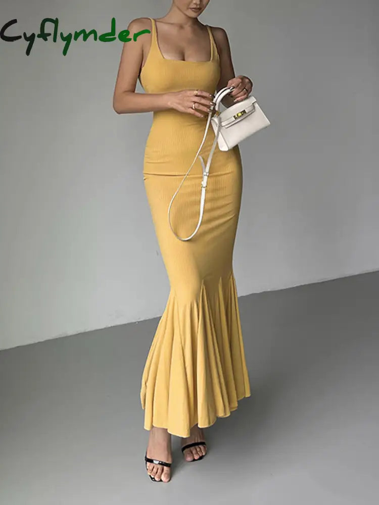 Cyflymder - Moonlight Dance Bodycon Rib Long Dress Yellow / Xs Dresses