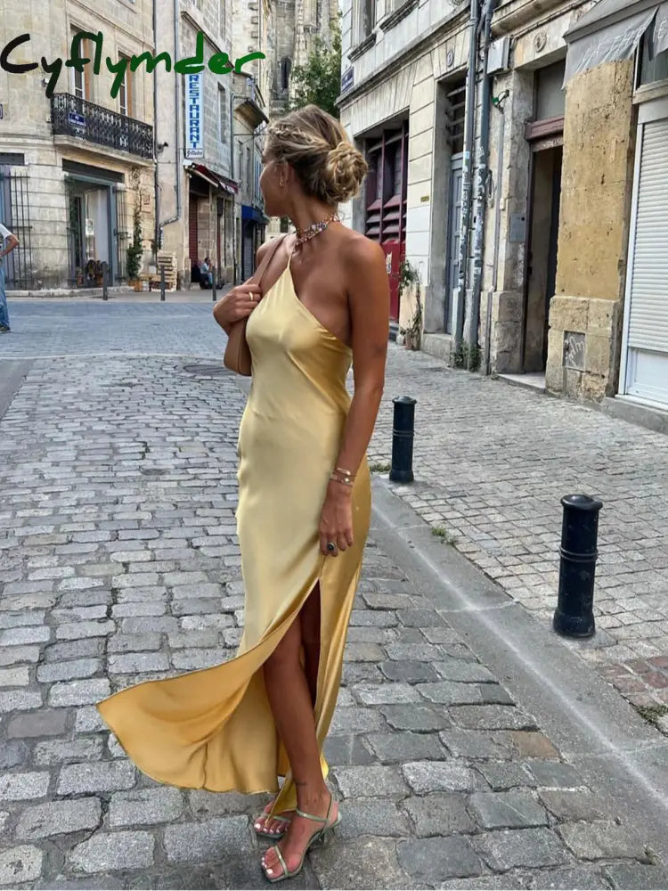 Sexy Satin Backless Beach Sundress Women Summer Halter Sleeveless High Split Long Maxi Dress Party Holiday Vestidos Robe