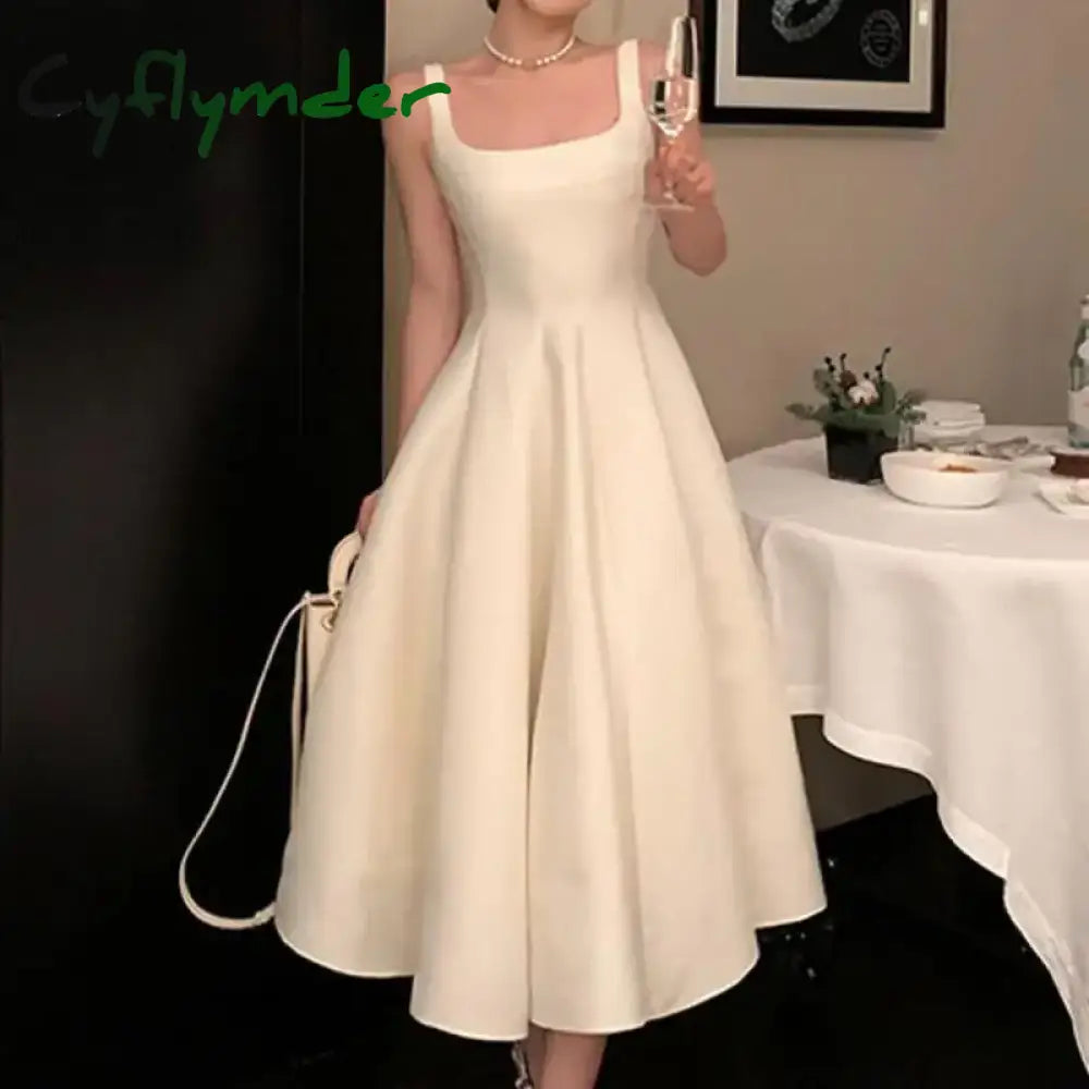 Cyflymder New A Line Wedding Dresses Sexy Fashion Square Collar Spaghetti Straps Evening Dress Satin Simple Vestidos De