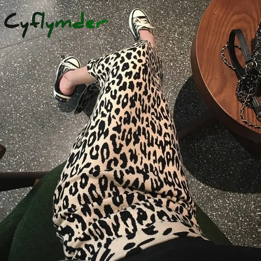 Cyflymder New Autumn and Winter Long Slit Knitted Leopard Print Skirt Women’s High Waist Knitted Skirt black / One Size