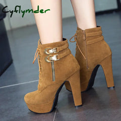 Cyflymder New Autumn Ankle Boots for Women Platform High Heels Shoes Woman Buckle Short Booties Casual Faux Suede