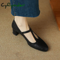 Cyflymder New Autumn T-strap Pumps Round Toe Mary Janes Low Heels Shoes for Women Handmade Women Shoes Retro Ladies