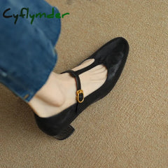 Cyflymder New Autumn T-strap Pumps Round Toe Mary Janes Low Heels Shoes for Women Handmade Women Shoes Retro Ladies