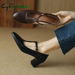 Cyflymder New Autumn T-strap Pumps Round Toe Mary Janes Low Heels Shoes for Women Handmade Women Shoes Retro Ladies