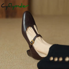Cyflymder New Autumn T-strap Pumps Round Toe Mary Janes Low Heels Shoes for Women Handmade Women Shoes Retro Ladies