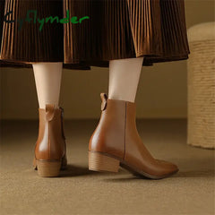 Cyflymder New Autumn/Winter Genuine Leather Women Shoes Pointed Toe Chunky Heel Boots for Women Fashion Short Boots