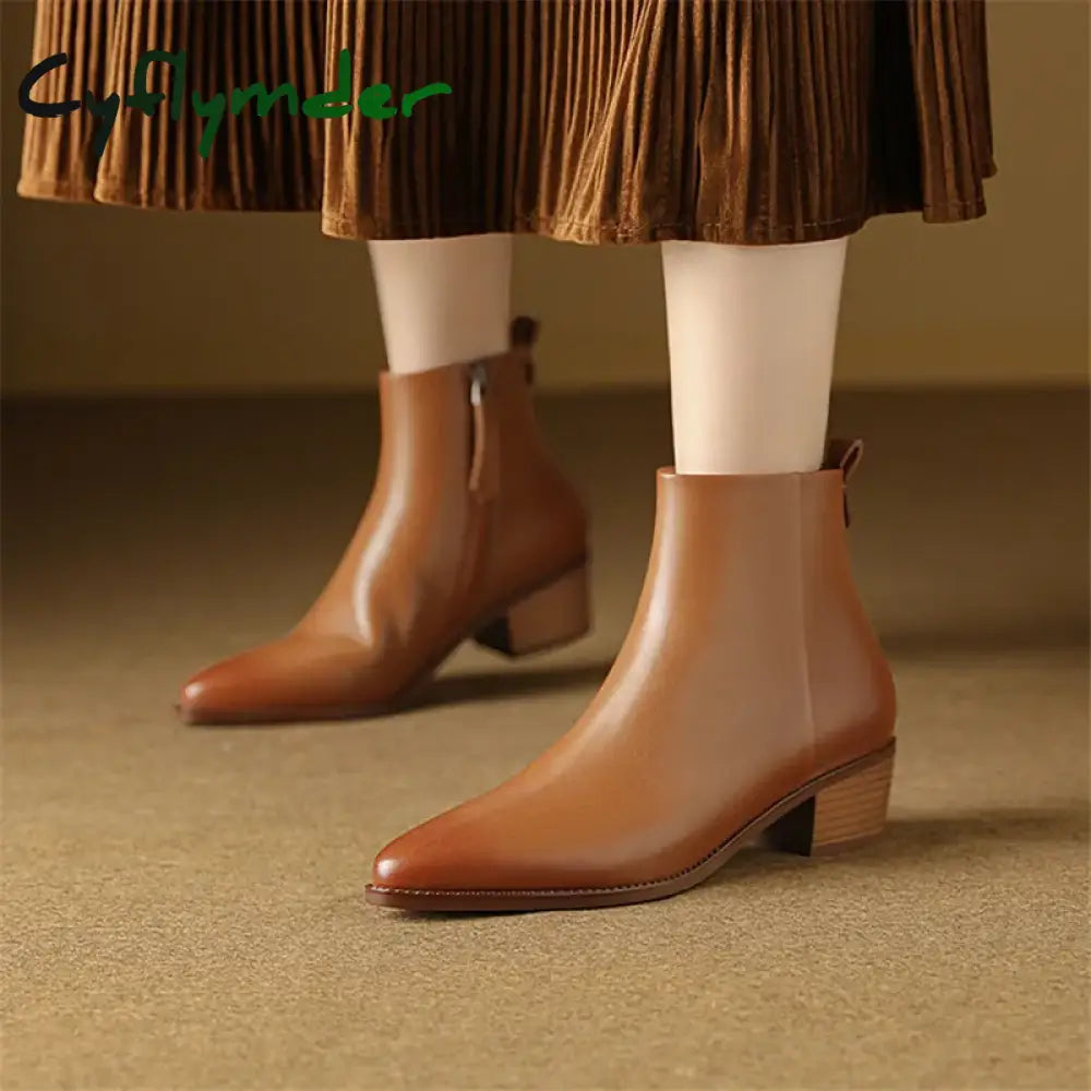 Cyflymder New Autumn/Winter Genuine Leather Women Shoes Pointed Toe Chunky Heel Boots for Women Fashion Short Boots