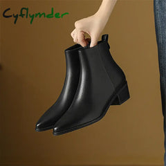 Cyflymder New Autumn/Winter Genuine Leather Women Shoes Pointed Toe Chunky Heel Boots for Women Fashion Short Boots