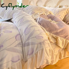 Cyflymder New Bedding Set High Weight Carved Milk Flour Set Girl Ruffle Bed Tulip Thicken Warm Quilt Cover Sheet