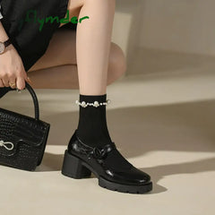 Cyflymder New Cow Leather Mary Jane Women’s Shoes Leisure Buckle Platform Shallow Pumps Round Toe