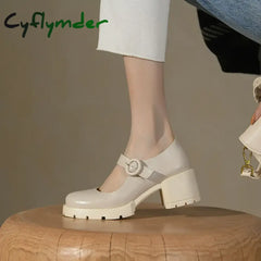 Cyflymder New Cow Leather Mary Jane Women’s Shoes Leisure Buckle Platform Shallow Pumps Round Toe