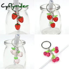 Cyflymder New Cute Fruit Keychain 3D Acrylic Cherry Peach Apple Strawberry Keyring Car Holder Bag