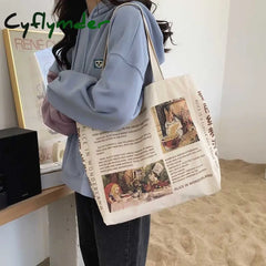 Cyflymder New Design Women Canvas Shoulder Bag Alice In Wonderland Shopping Bags Students Book