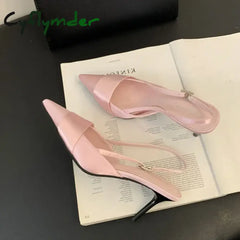 Cyflymder New Designer Black Pink Satin Pointed Toe Women Pumps Shallow Thin High Heels Female Slingbacks Sandals
