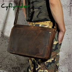 Cyflymder New Fashion Leather Male Casual Messenger Bag Satchel Cowhide 13’’ Laptop Bag School