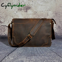 Cyflymder New Fashion Leather Male Casual Messenger Bag Satchel Cowhide 13’’ Laptop Bag School