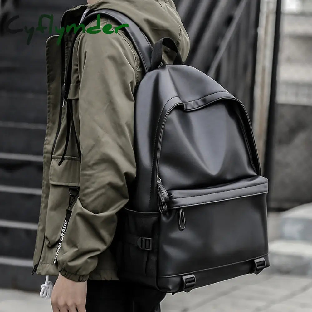 Cyflymder New Fashion Men Leather Backpack Black School Bags For Teenager Boys 15.6 Inch Laptop