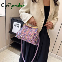 Cyflymder New Fashion Women Evening Clutch Metal Glitter Sequin Purple Gold Chain Shoulder Bags Luxury Designer Wedding