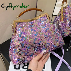 Cyflymder New Fashion Women Evening Clutch Metal Glitter Sequin Purple Gold Chain Shoulder Bags Luxury Designer Wedding