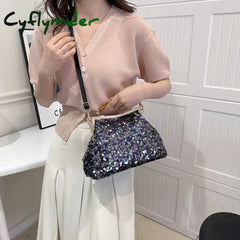 Cyflymder New Fashion Women Evening Clutch Metal Glitter Sequin Purple Gold Chain Shoulder Bags Luxury Designer Wedding