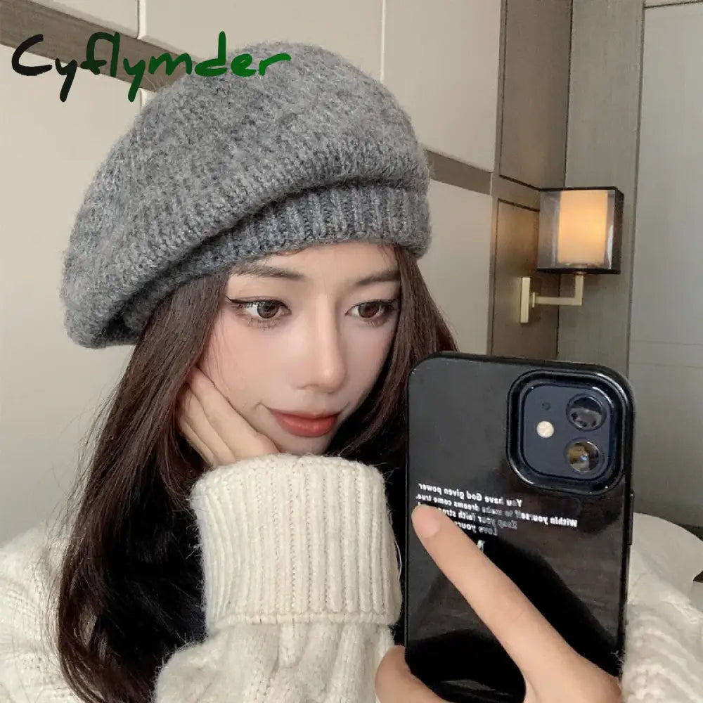 Cyflymder New Fashion Women’s Autumn and Winter Hat Female Striped Mohair Knitting Wool Cap Retro Beret Pure Color
