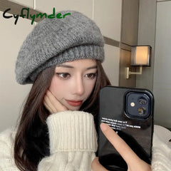 Cyflymder New Fashion Women’s Autumn and Winter Hat Female Striped Mohair Knitting Wool Cap Retro Beret Pure Color