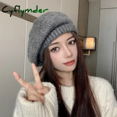 Cyflymder New Fashion Women’s Autumn and Winter Hat Female Striped Mohair Knitting Wool Cap Retro Beret Pure Color