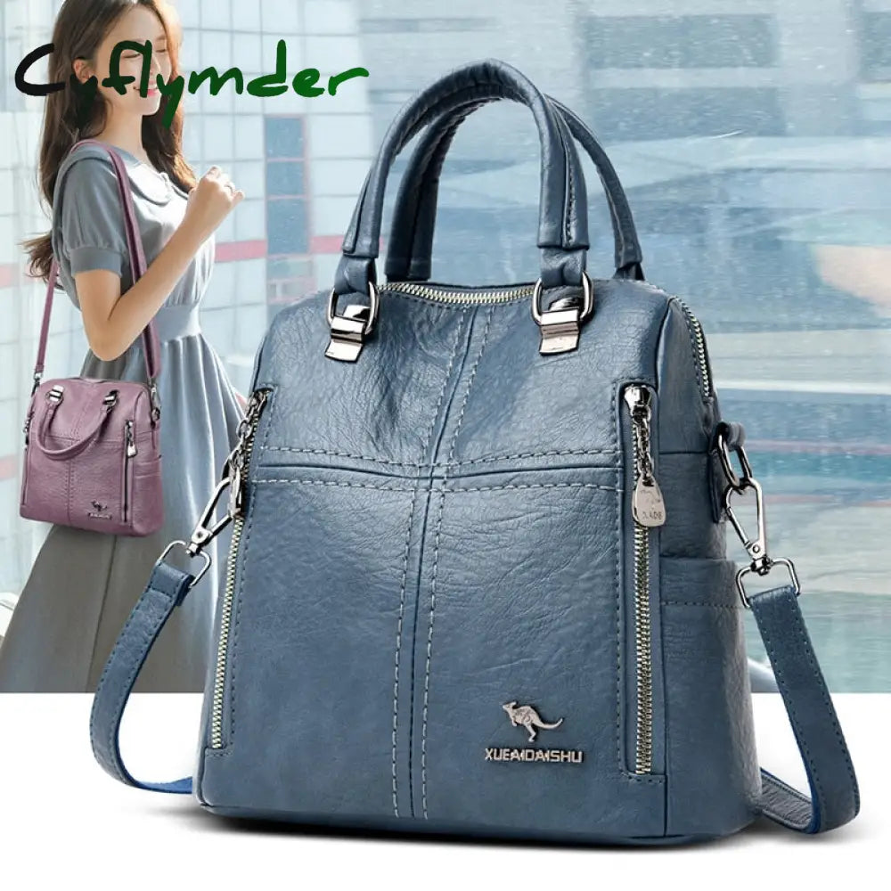 Cyflymder New High Quality Leather Backpack Women Shoulder Bags Multifunction Travel School For