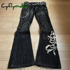 Cyflymder New High Waist Harajuku Loose Embroidered Women Jeans with Rock Punk Style Y2K Micro La Retro Wide Leg Pants