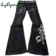 Cyflymder New High Waist Harajuku Loose Embroidered Women Jeans with Rock Punk Style Y2K Micro La Retro Wide Leg Pants