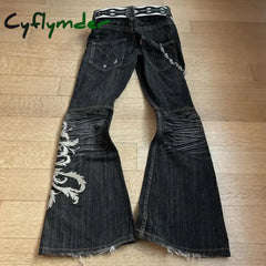 Cyflymder New High Waist Harajuku Loose Embroidered Women Jeans with Rock Punk Style Y2K Micro La Retro Wide Leg Pants