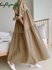 Cyflymder New Hooded Oversize Women’s Shirts Dresses Puff Sleeve Solid Casual Loose Straight Long