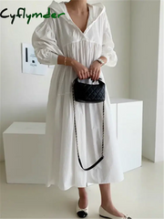 Cyflymder New Hooded Oversize Women’s Shirts Dresses Puff Sleeve Solid Casual Loose Straight Long