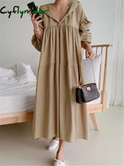 Cyflymder New Hooded Oversize Women’s Shirts Dresses Puff Sleeve Solid Casual Loose Straight Long