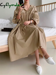 Cyflymder New Hooded Oversize Women’s Shirts Dresses Puff Sleeve Solid Casual Loose Straight Long