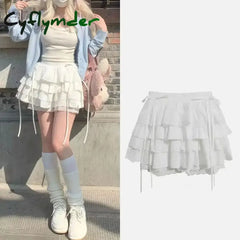 Cyflymder New Kawaii Lace Mini Skirt for Women Girl Cute Lolita White A-line Pleated White Skirt Japanese Harajuku