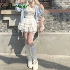 Cyflymder New Kawaii Lace Mini Skirt for Women Girl Cute Lolita White A-line Pleated White Skirt Japanese Harajuku